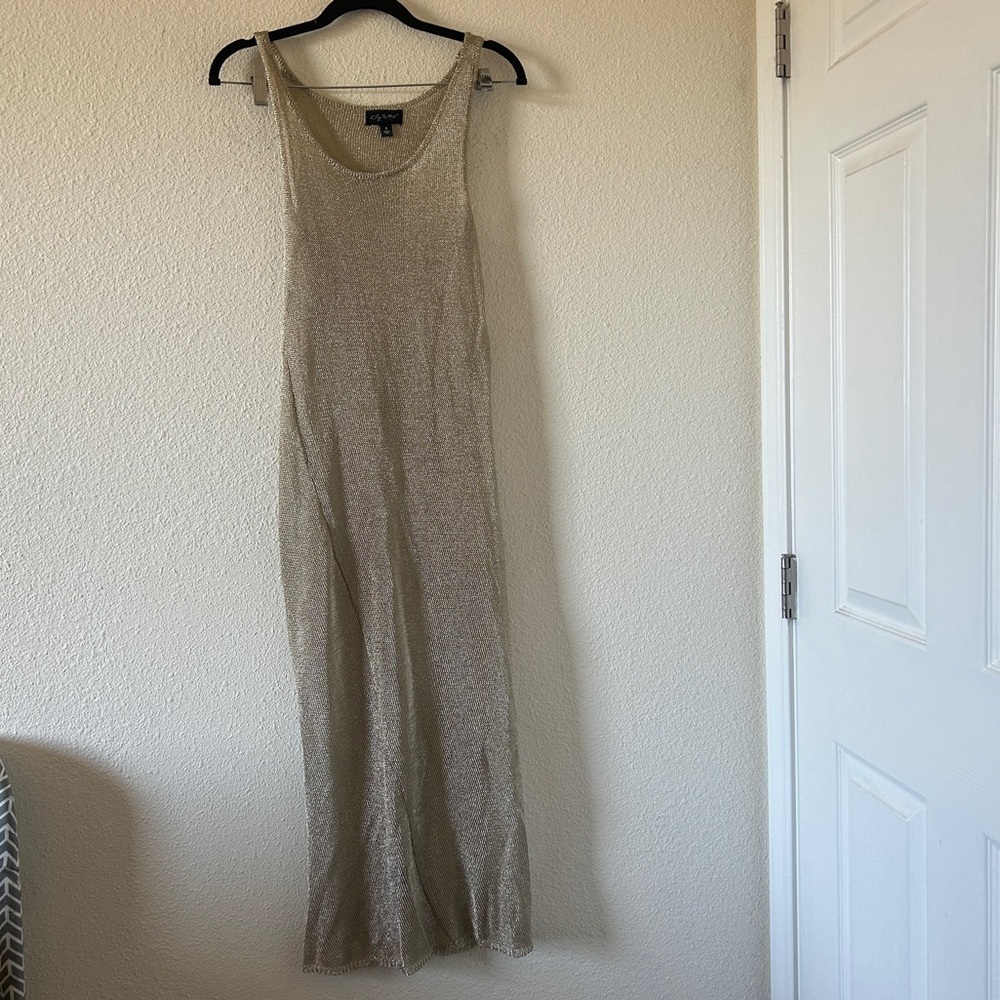 Say What Sheer Mesh Crochet Knit Sexy Eve Party Midi Dress Gold Women’s Small